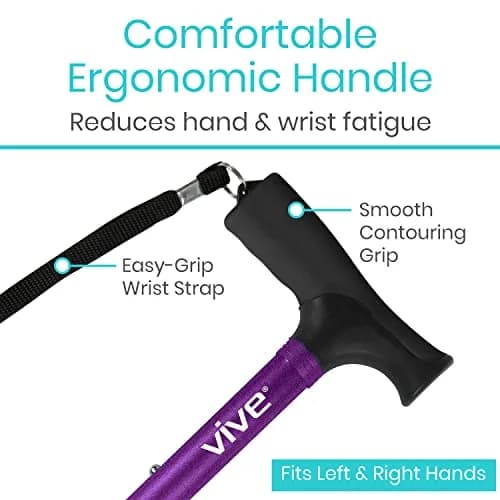 Vive Folding Cane - Adjustable Walking Cane for Men & Women, 33"-37", Purple | Lightweight Aluminum Mobility Aid with Ergonomic Grip & Non-Slip Tip thumbnail 4