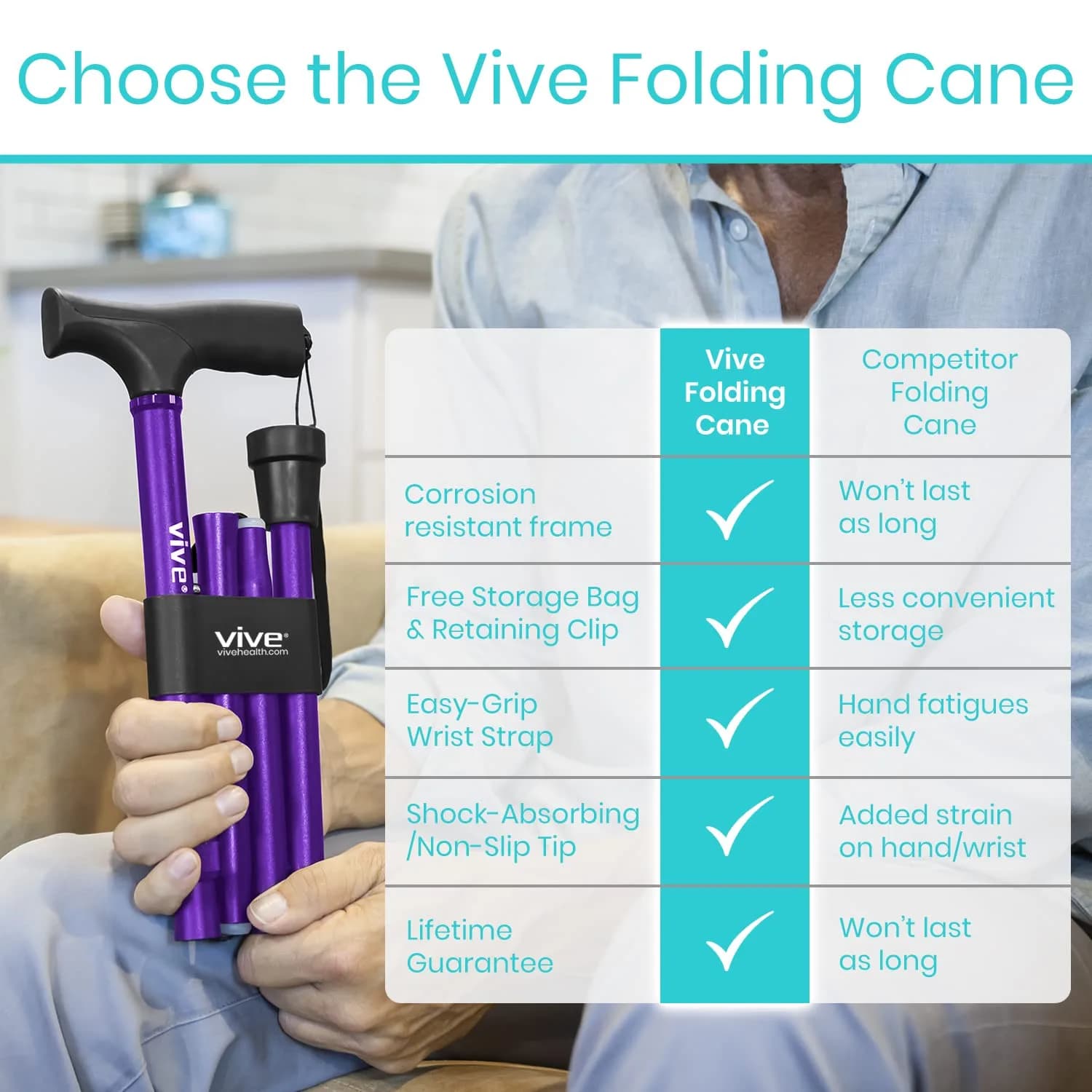 Vive Folding Cane - Adjustable Walking Cane for Men & Women, 33"-37", Purple | Lightweight Aluminum Mobility Aid with Ergonomic Grip & Non-Slip Tip - view 8