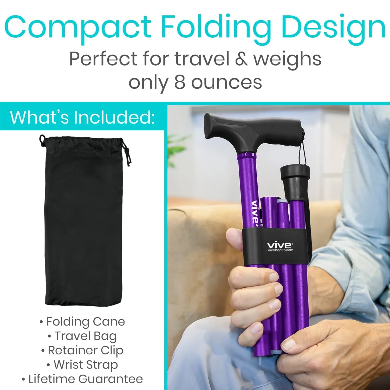 Vive Folding Cane - Adjustable Walking Cane for Men & Women, 33"-37", Purple | Lightweight Aluminum Mobility Aid with Ergonomic Grip & Non-Slip Tip - view 2