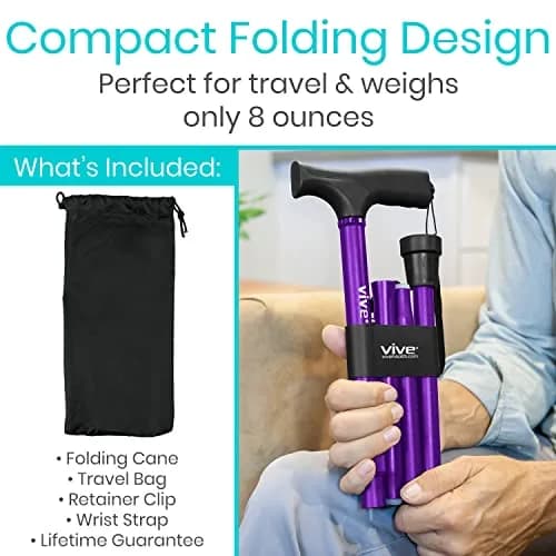Vive Folding Cane - Adjustable Walking Cane for Men & Women, 33"-37", Purple | Lightweight Aluminum Mobility Aid with Ergonomic Grip & Non-Slip Tip thumbnail 2
