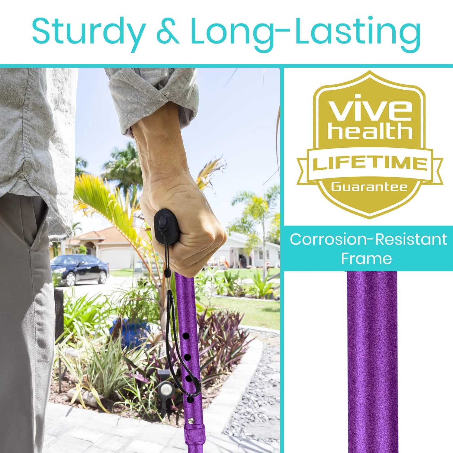 Vive Folding Cane - Adjustable Walking Cane for Men & Women, 33"-37", Purple | Lightweight Aluminum Mobility Aid with Ergonomic Grip & Non-Slip Tip - view 3