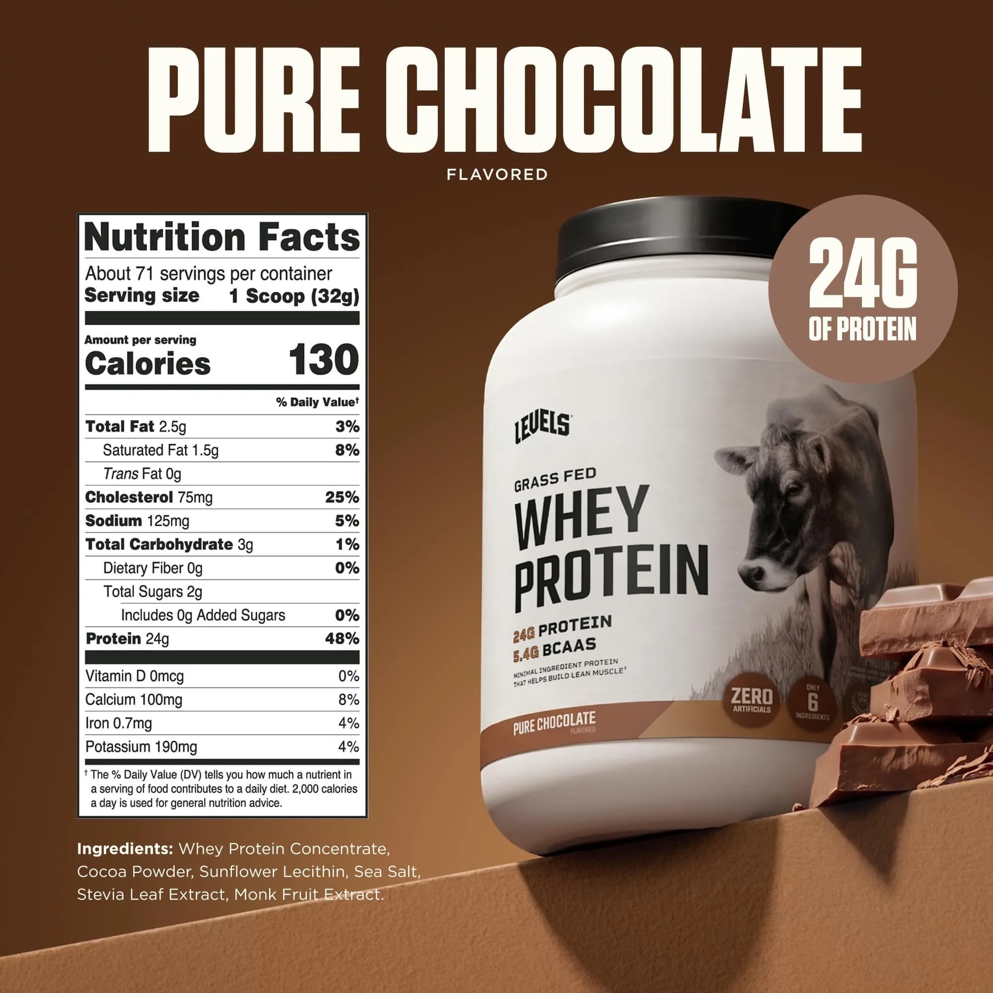 Levels Nutrition Chocolate Mocha Grass Fed Whey Protein Powder, 24G Protein, 2LB | Natural Sweetened Protein for Daily Goals - view 3