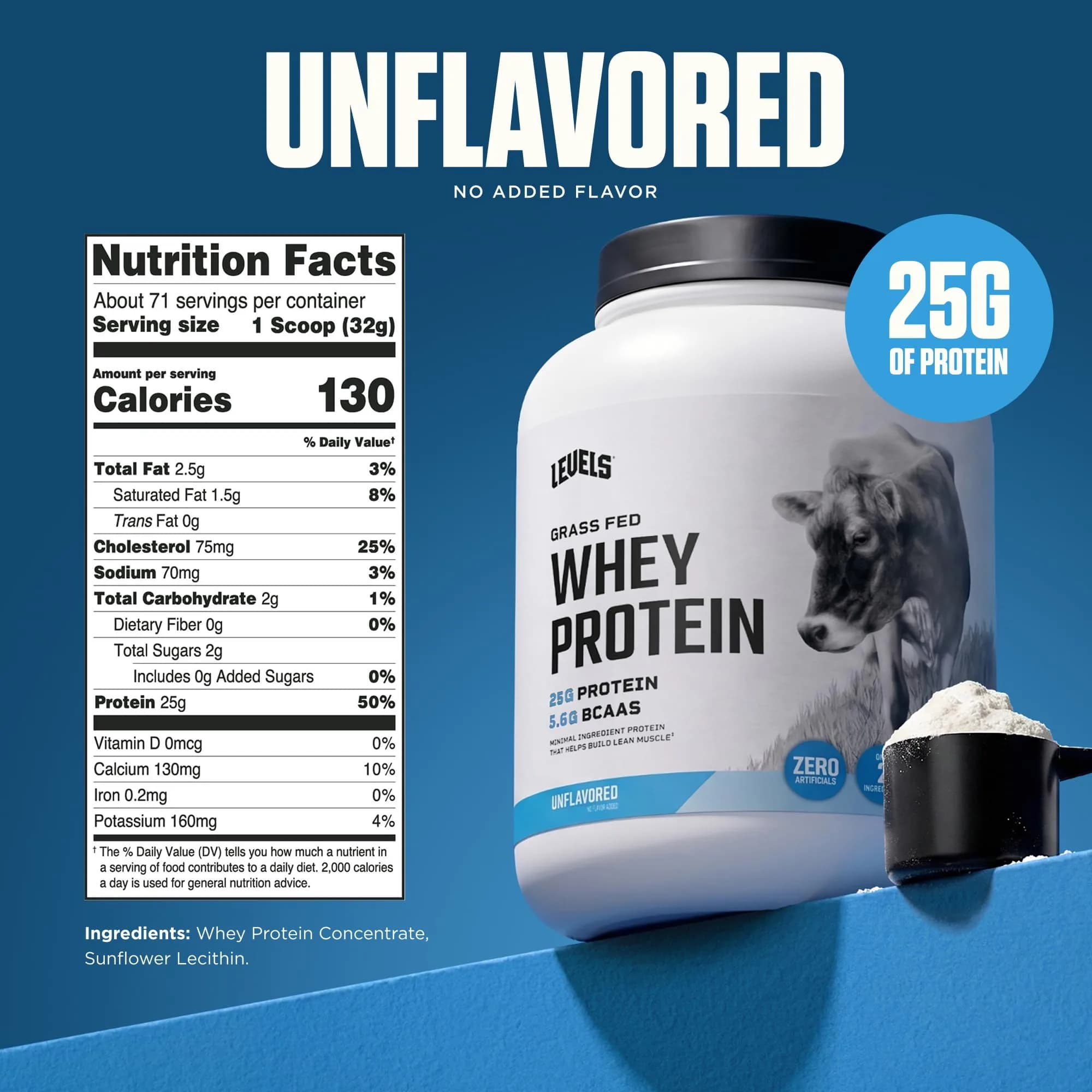 Levels Nutrition Unflavored Grass Fed Whey Protein Powder | 24G Protein, 5LB - view 3