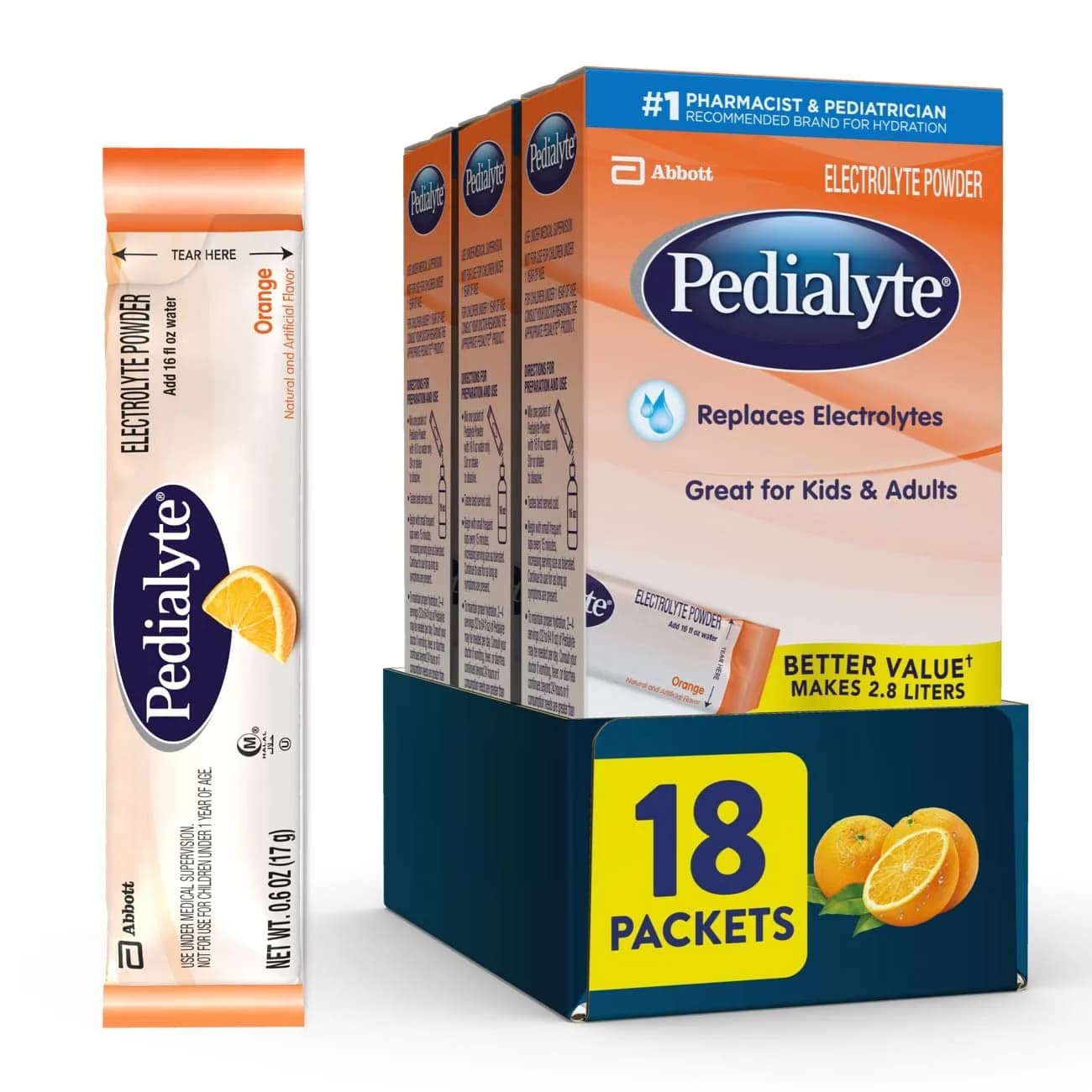 Pedialyte Electrolyte Powder Packets, 18ct | Fast Rehydration for Kids & Adults — Orange