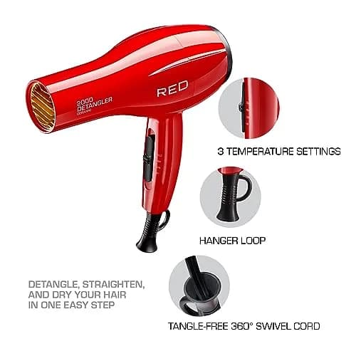 Red by Kiss Detangler Dryer Plus 3 Attachments | Lightweight Ceramic Ionic Hair Dryer with Detangle Pik, Concentrator, 1.75 Pound thumbnail 4