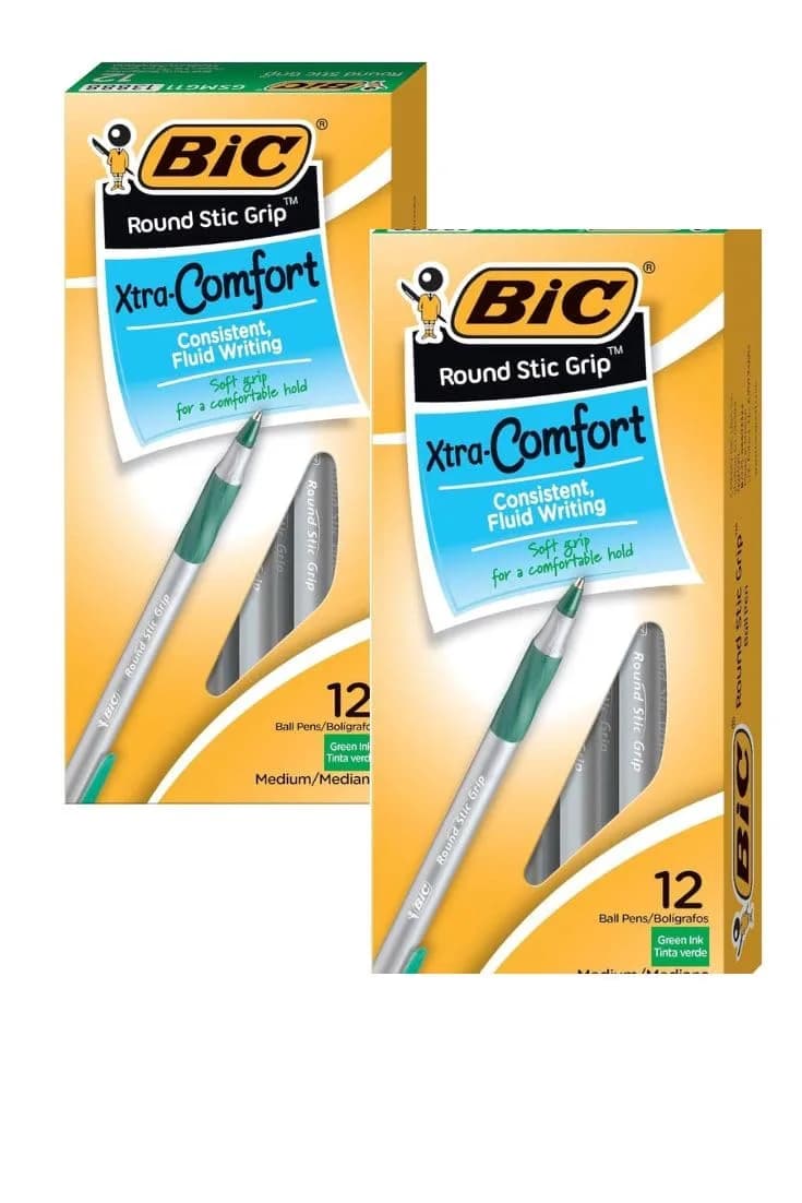 BIC Round Stic Grip Xtra Comfort Ball Pen Medium Pt 1.2mm Green | Fluid Writing, Soft Grip, Non-Refillable (120 chars) — Green