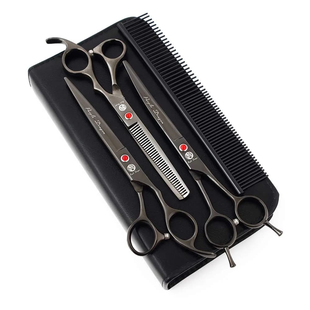 Purple Dragon Pet Grooming Scissors Set with Rhinestone Accent - Black | 7" Professional Pet Shears for Dogs & Cats — Bright Black