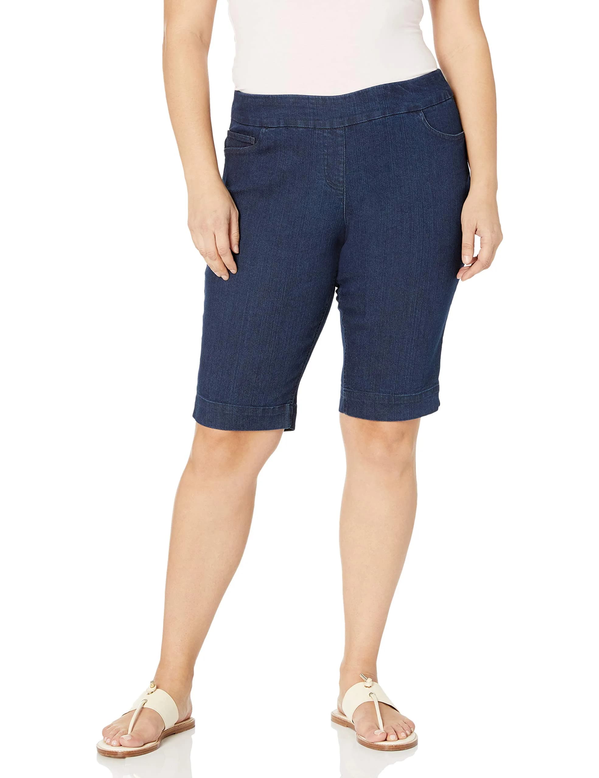 SLIM-SATION Women Plus Size Wide Band Pull-on Solid Walking Short, Denim, 16 | Slimming Bermuda Shorts with Tummy Control — 16
