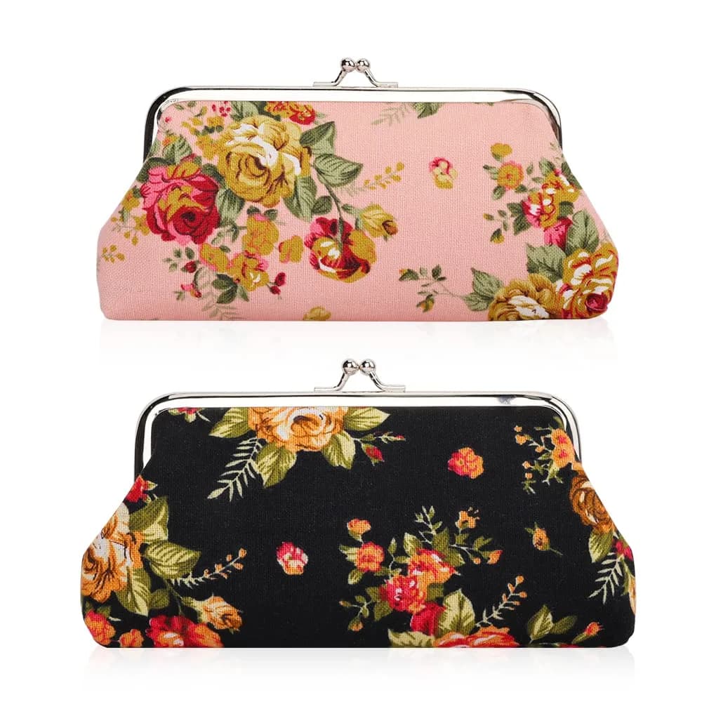 Oyachic Large Coin Purse Floral Canvas 18cm | Vintage Kiss Lock Wallet for Women Girls — Black and pink