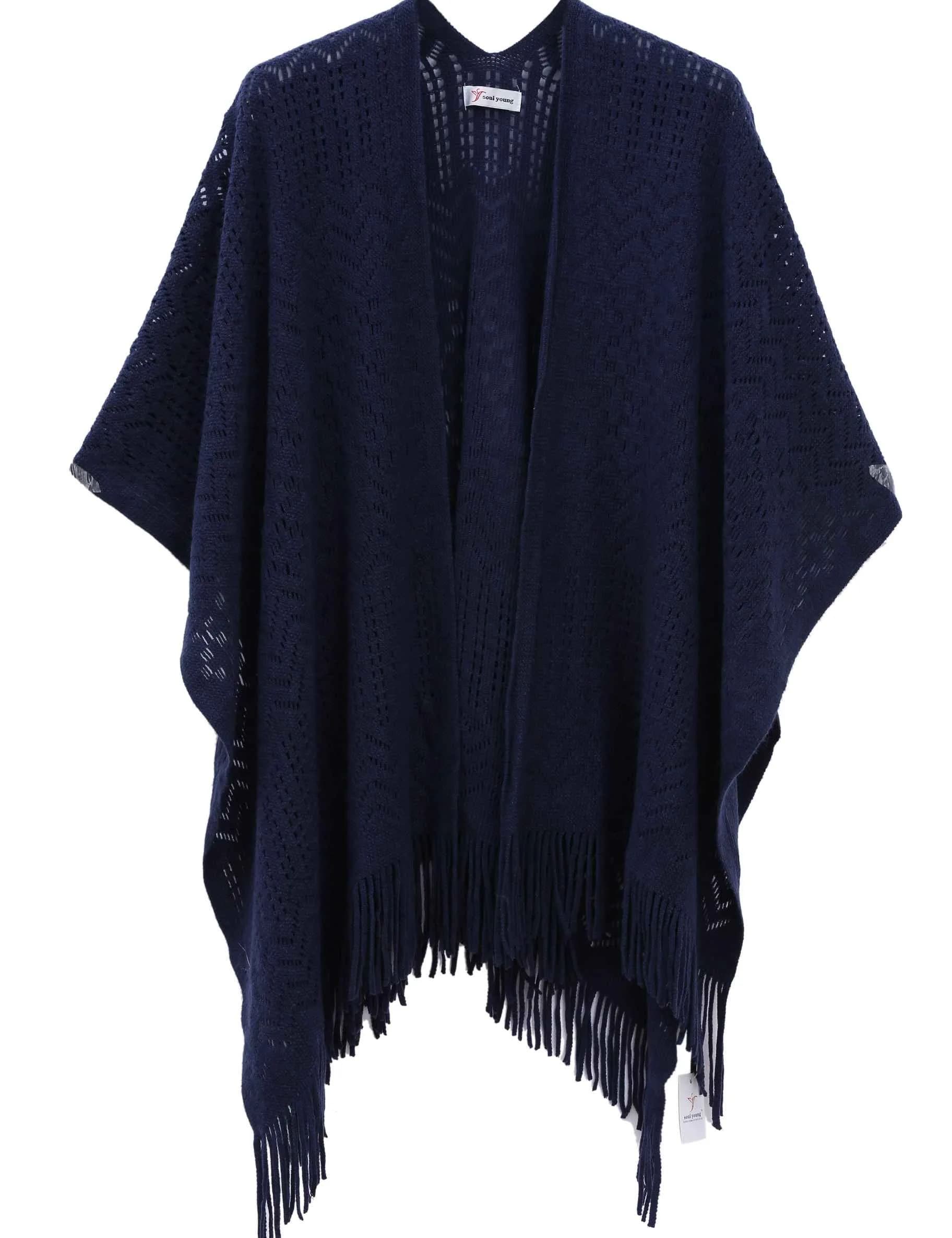 sy soul young Knit Shawl Wrap for Women Ladies Fringe Poncho Cape One Size Navy | Soft Acrylic, Casual & Warm