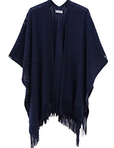 sy soul young Knit Shawl Wrap for Women Ladies Fringe Poncho Cape One Size Navy | Soft Acrylic, Casual & Warm thumbnail 1