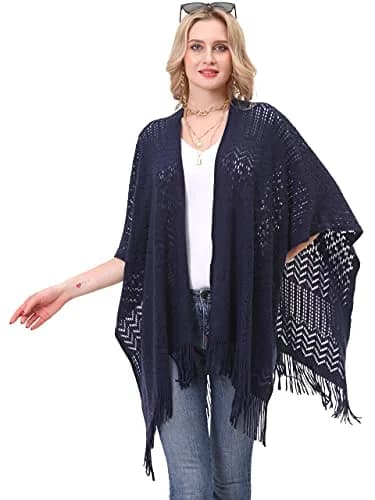 sy soul young Knit Shawl Wrap for Women Ladies Fringe Poncho Cape One Size Navy | Soft Acrylic, Casual & Warm thumbnail 4