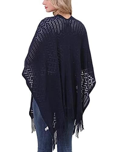 sy soul young Knit Shawl Wrap for Women Ladies Fringe Poncho Cape One Size Navy | Soft Acrylic, Casual & Warm thumbnail 5