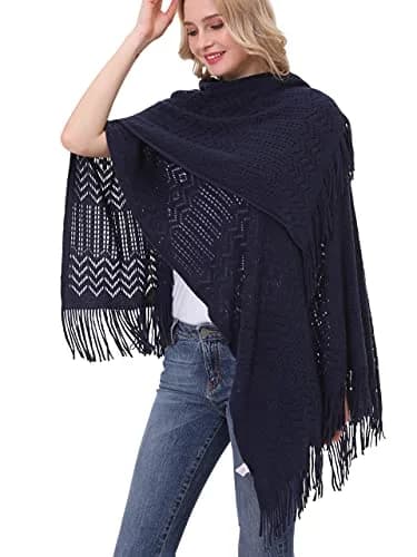 sy soul young Knit Shawl Wrap for Women Ladies Fringe Poncho Cape One Size Navy | Soft Acrylic, Casual & Warm thumbnail 6