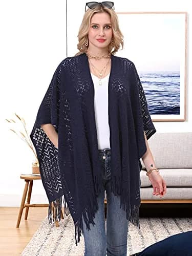 sy soul young Knit Shawl Wrap for Women Ladies Fringe Poncho Cape One Size Navy | Soft Acrylic, Casual & Warm thumbnail 7