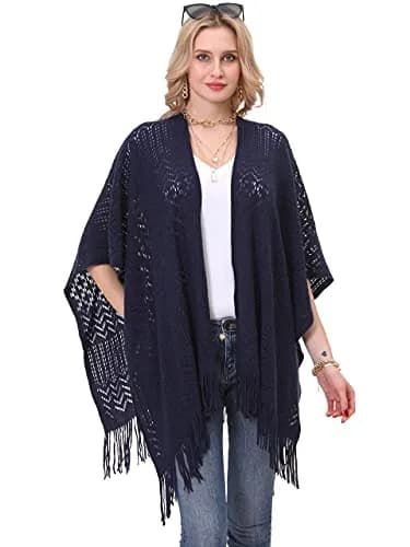 sy soul young Knit Shawl Wrap for Women Ladies Fringe Poncho Cape One Size Navy | Soft Acrylic, Casual & Warm thumbnail 3