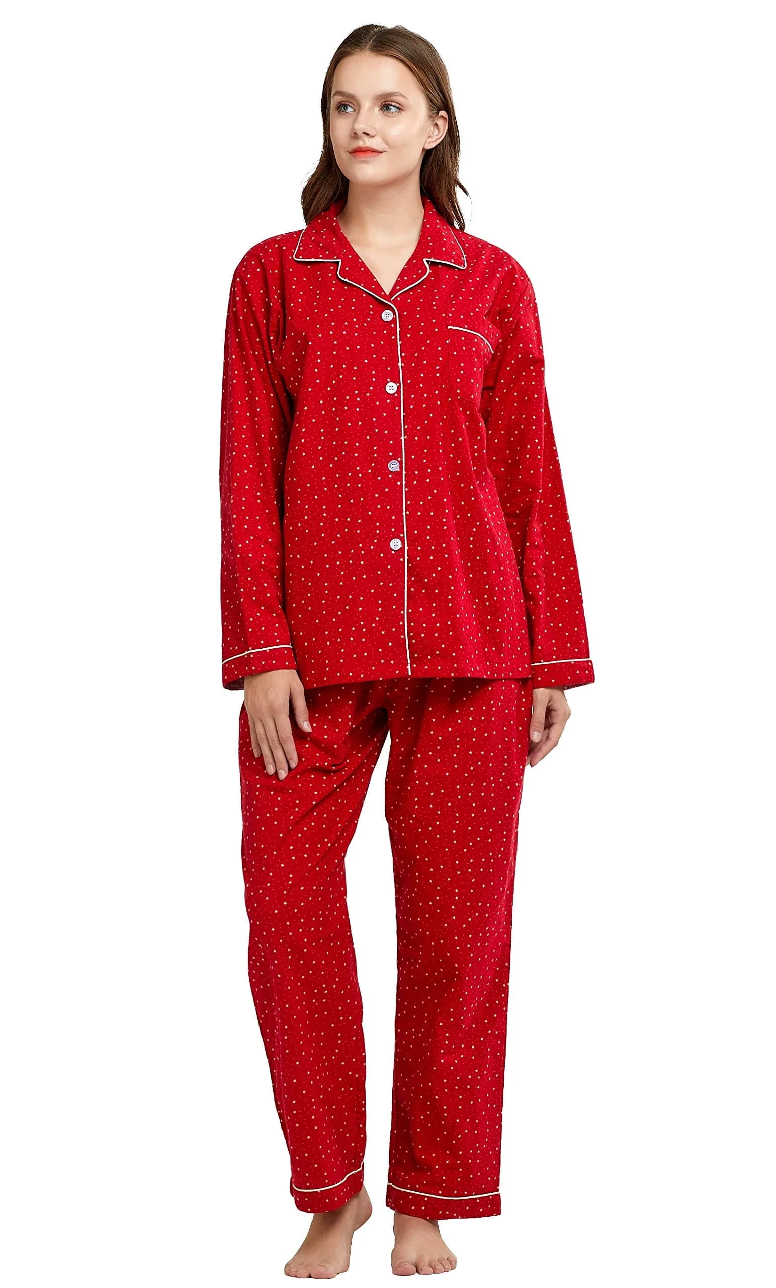 TONY AND CANDICE Women's 100% Cotton Flannel Pajama Set Sleepwear (S,Red Stars) | Classic Christmas Lounge — Small