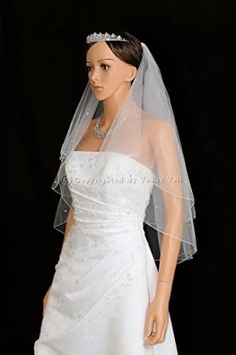 SAMKY Wedding Veil 2 Tier Rhinestone Crystal Shoulder Length 25" | White Bridal Accessory thumbnail 2