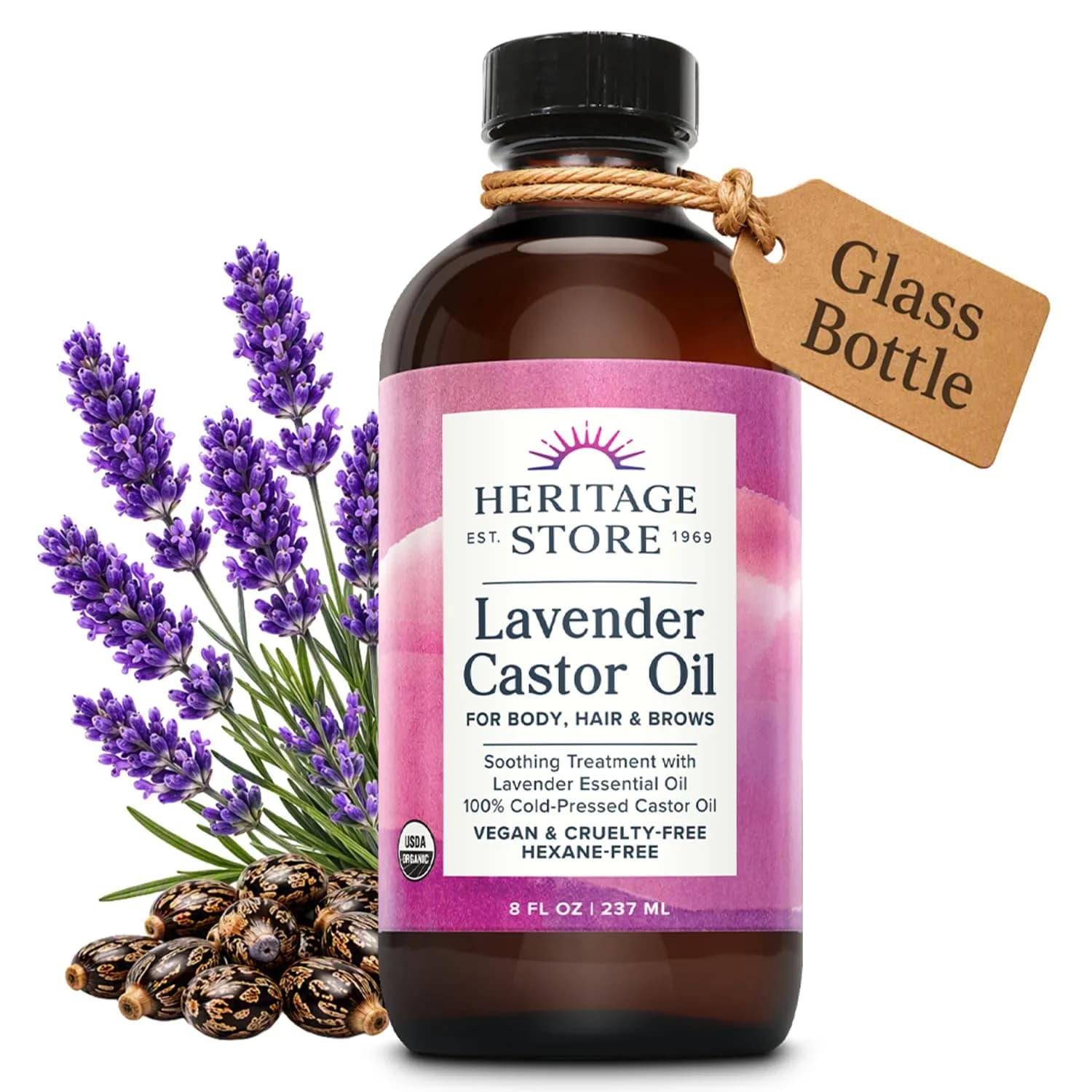 HERITAGE STORE USDA Organic Castor Oil with Lavender, Cold Pressed 236ml (8 Fl Oz) | USDA Organic Hair & Skin Treatment