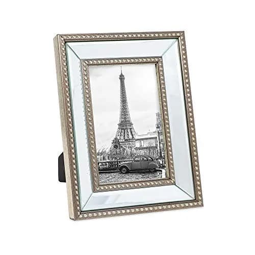 Isaac Jacobs 4x6 Champagne Mirror Bead Picture Frame - Classic Mirrored Frame with Dotted Border for Wall & Tabletop Display thumbnail 1