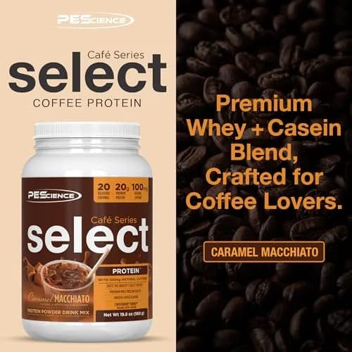 PEScience Select Cafe Protein Coffee Powder, Caramel Macchiato, 20 Servings | 20g Protein, 100mg Caffeine, Versatile Hot/Iced thumbnail 2