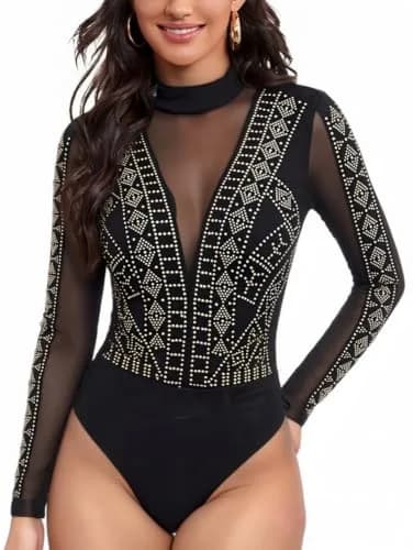 Lrady Women's Backless Rhinestone Bodysuit Long Sleeve High Neck Top | Sexy Mesh Clubwear thumbnail 1