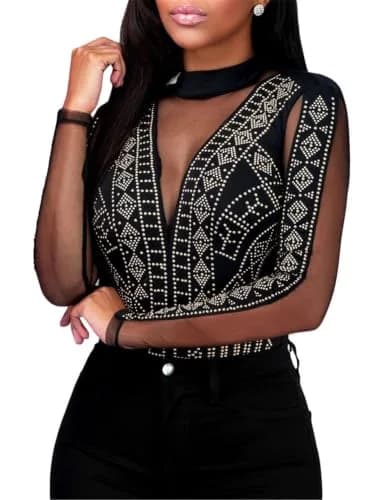 Lrady Women's Backless Rhinestone Bodysuit Long Sleeve High Neck Top | Sexy Mesh Clubwear thumbnail 3