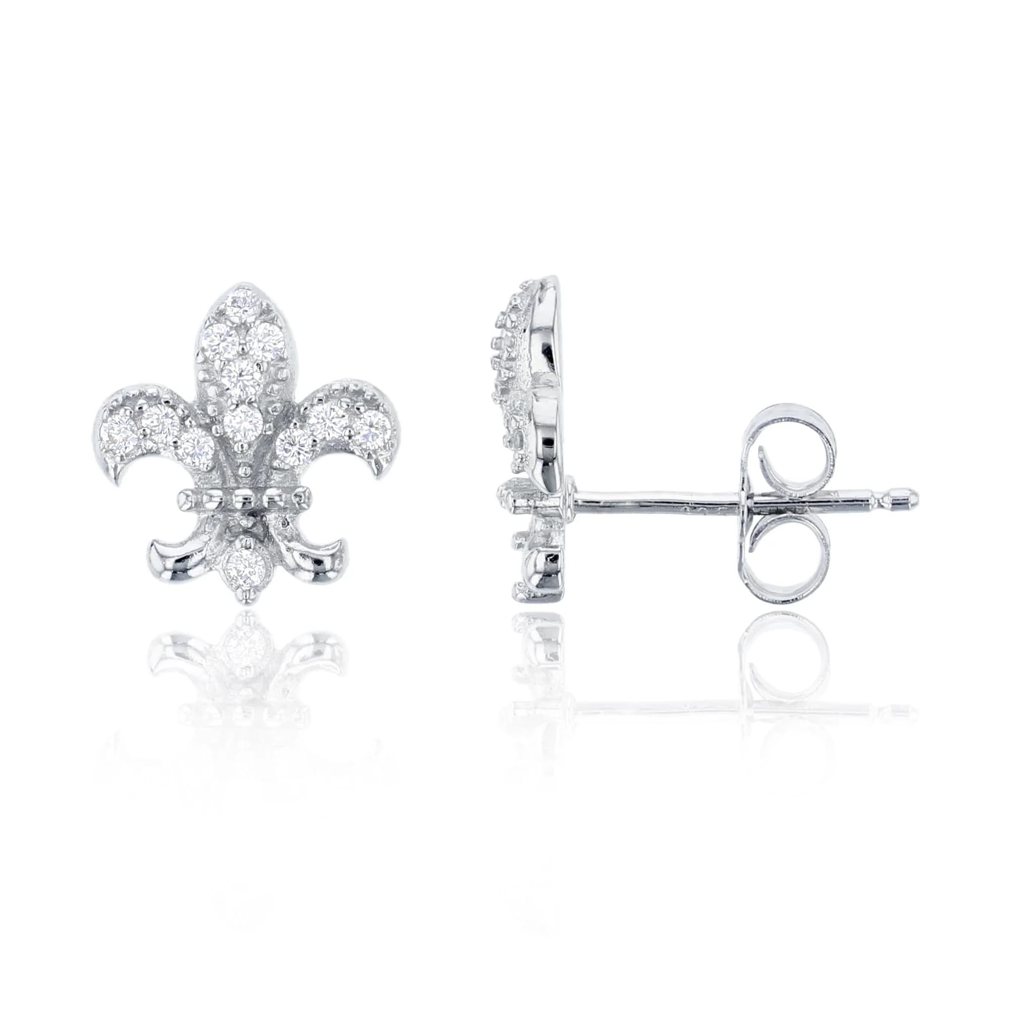 DECADENCE Sterling Silver Fleur De Lis Stud Earrings | 925 Silver, Cubic Zirconia, Gift Box (One Size)