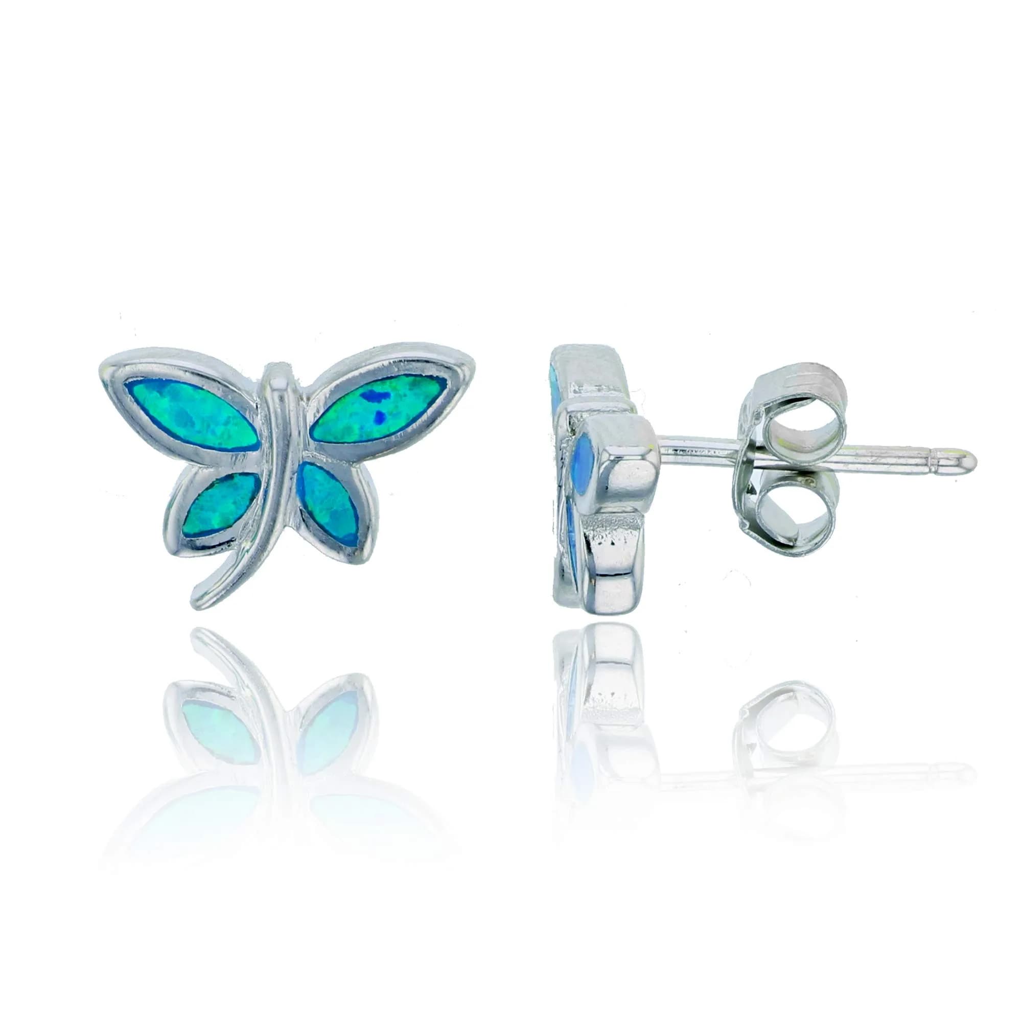 DECADENCE Rhodium Polished Created Opal Stud Earrings for Women | Butterfly 11.5x11mm | Blue Green Turquoise | 925 Sterling Silver Pushbacks