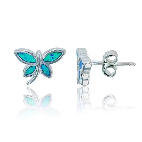 DECADENCE Rhodium Polished Created Opal Stud Earrings for Women | Butterfly 11.5x11mm | Blue Green Turquoise | 925 Sterling Silver Pushbacks thumbnail 1
