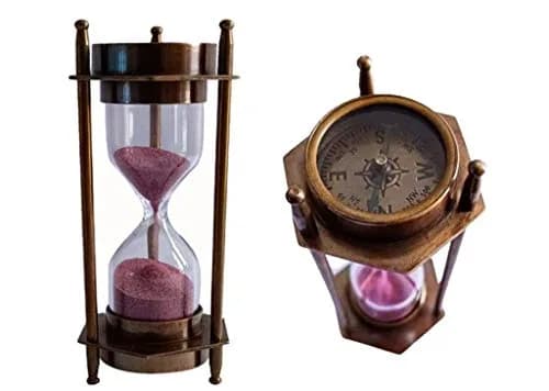 THOR INSTRUMENTS 5" Brass Sand Timer Hourglass with Nautical Compass | Rustic Vintage Home Decor Gift thumbnail 1
