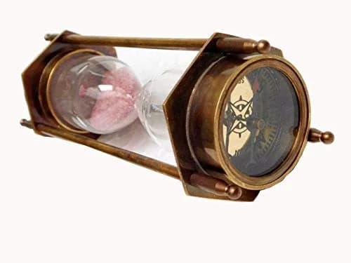 THOR INSTRUMENTS 5" Brass Sand Timer Hourglass with Nautical Compass | Rustic Vintage Home Decor Gift thumbnail 2