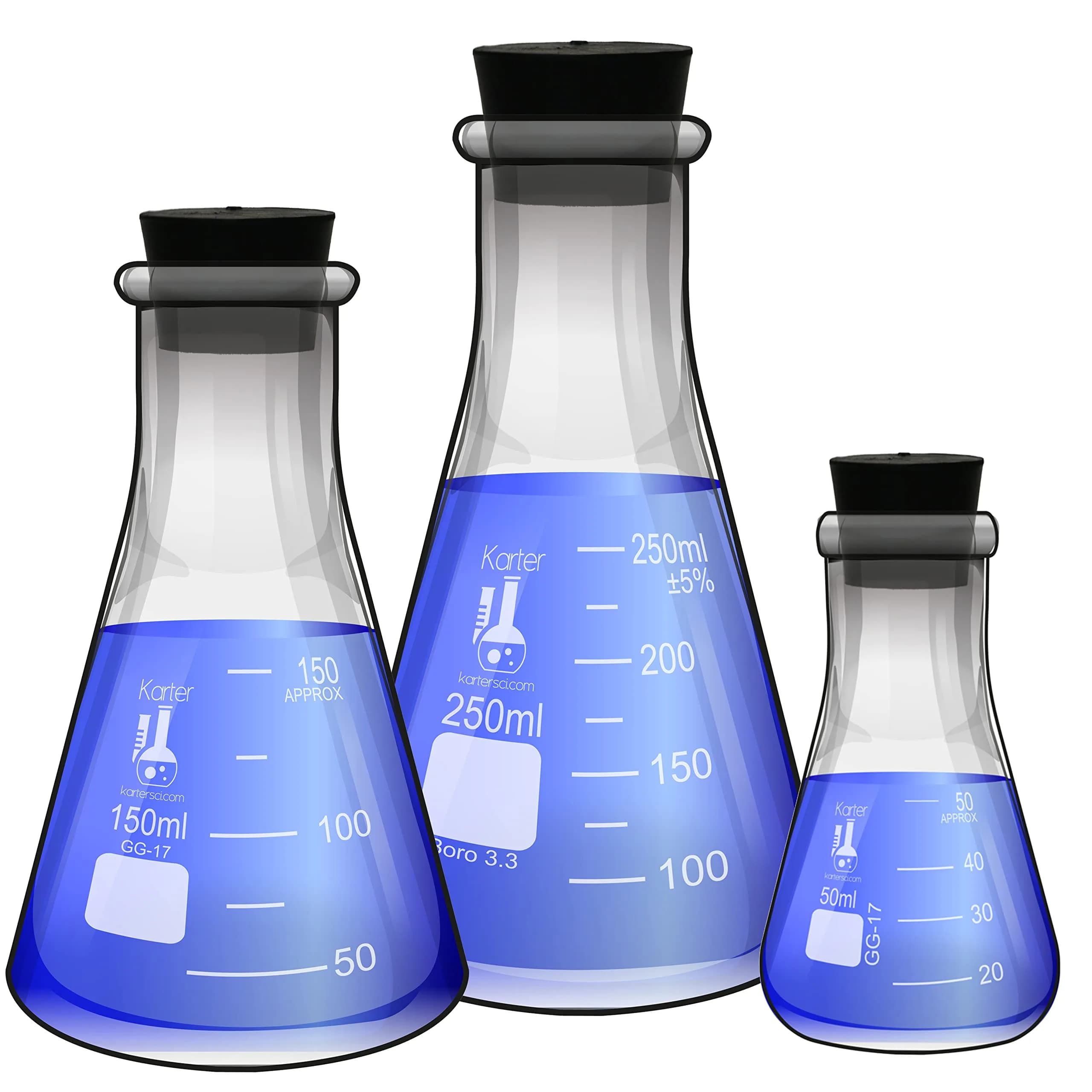 Karter Scientific Glass Erlenmeyer Flask Set with Rubber Stoppers - 3 Sizes - 50, 150 & 250ml | Heavy Duty Borosilicate
