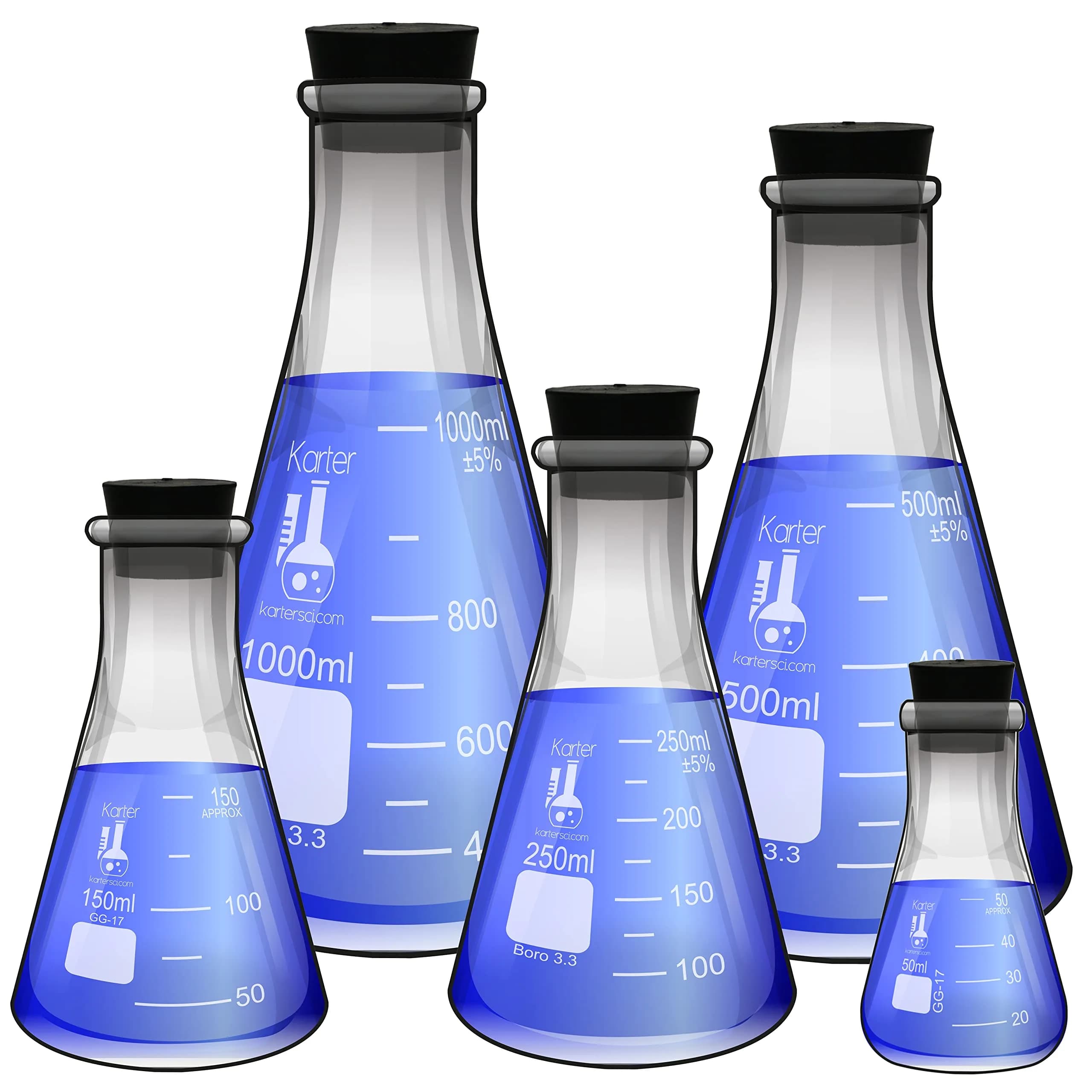 Karter Scientific Glass Flask 5 Piece Set, Borosilicate 3.3, 50ml-1000ml | Heavy Duty Reusable