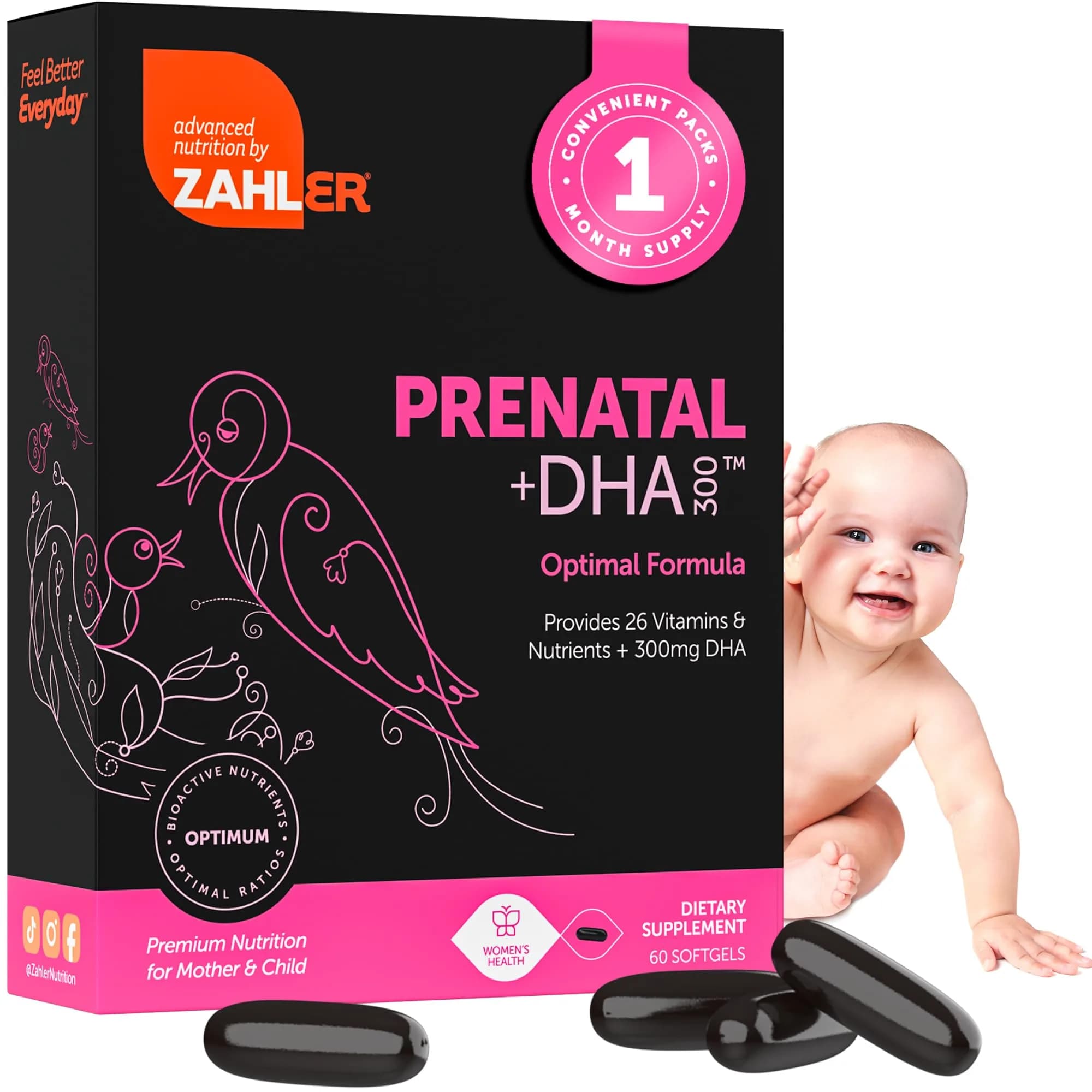 Zahler Prenatal +DHA 300 - Prenatal Vitamin with Methylated Folate & DHA for Pregnant Women - Support for Mom & Baby - 60 Softgels — Zh220