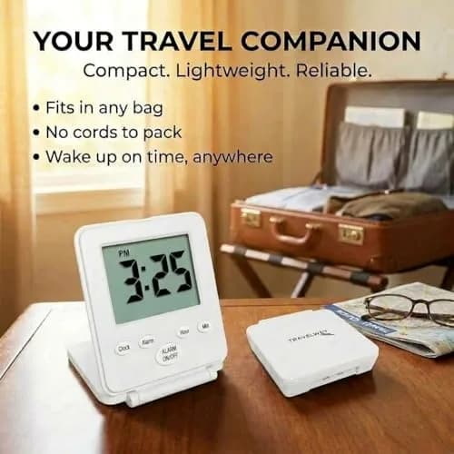 Travelwey Simple Digital Travel Alarm Clock White | Loud Alarm, Snooze, Travel Mode, Battery Powered thumbnail 5