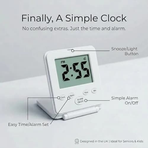 Travelwey Simple Digital Travel Alarm Clock White | Loud Alarm, Snooze, Travel Mode, Battery Powered thumbnail 2