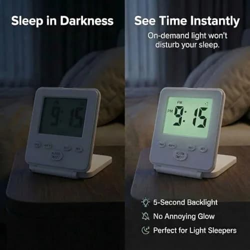 Travelwey Simple Digital Travel Alarm Clock White | Loud Alarm, Snooze, Travel Mode, Battery Powered thumbnail 3