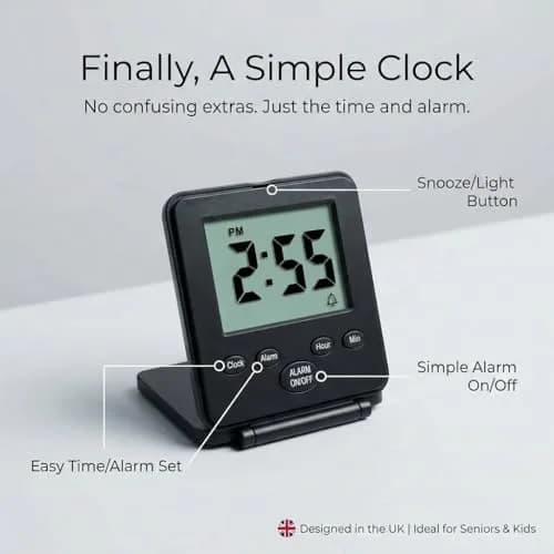 Travelwey Digital Travel Alarm Clock - Black | Simple Operation, Loud Alarm, Snooze, On/Off Switch, 2 AAA Battery Powered thumbnail 2
