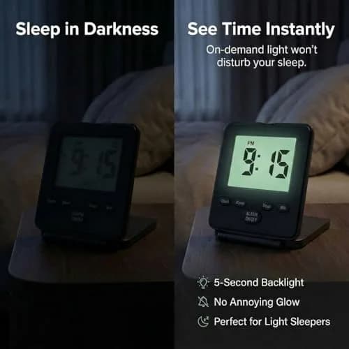 Travelwey Digital Travel Alarm Clock - Black | Simple Operation, Loud Alarm, Snooze, On/Off Switch, 2 AAA Battery Powered thumbnail 3