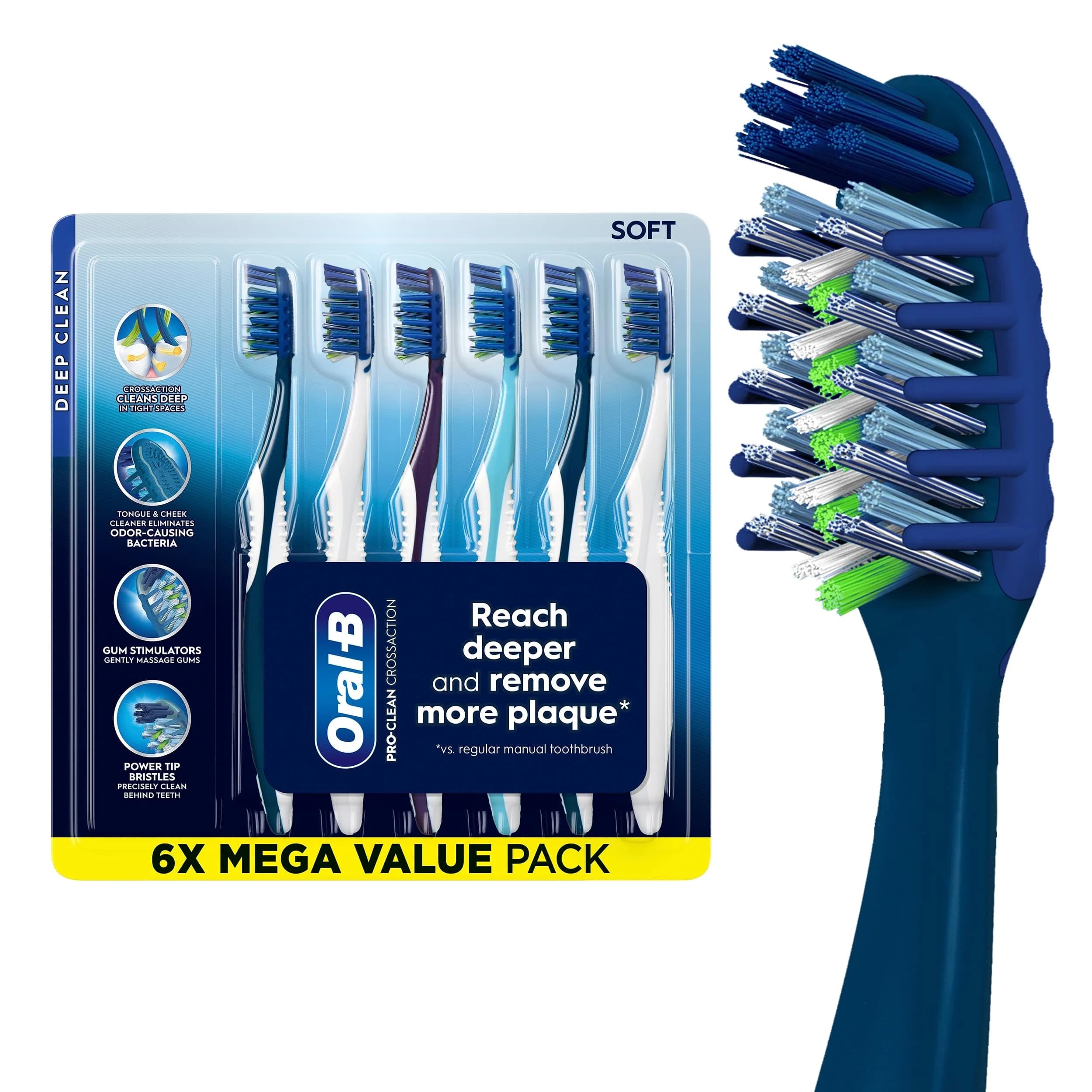 Oral-B Pro Clean Cross Action Toothbrushes, Deep Plaque Removal, 6 Count | Soft Bristles for Deep Clean & Gum Care