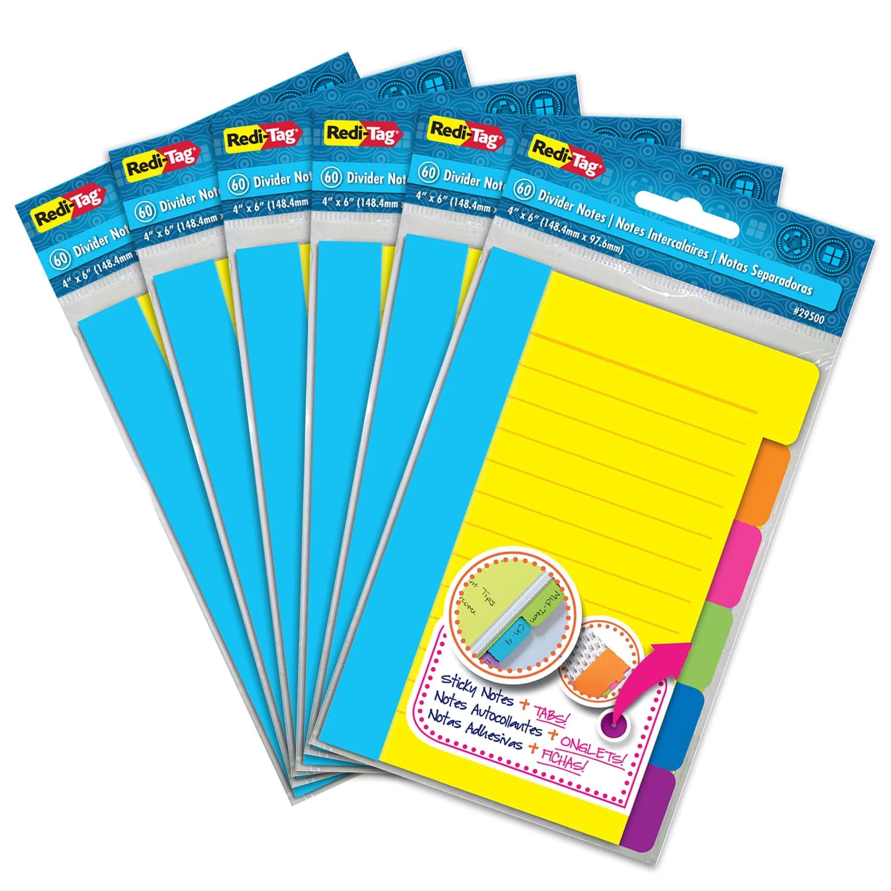 Redi-Tag Self-Stick Divider Notes 4x6 Inches Neon Colors Pack of 6 | Color-Coded Index Tabs for Office & School — Assorted