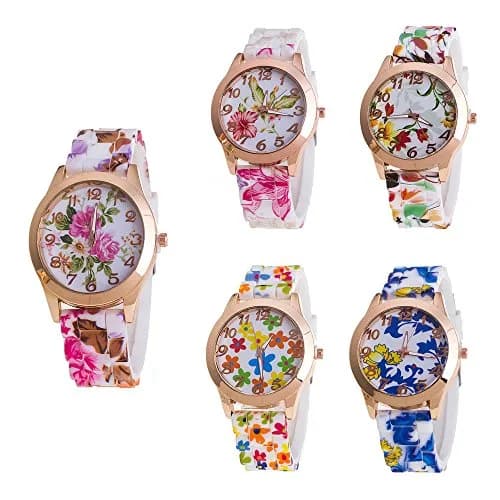 CdyBox Women Ladies Floral Dial Silicone Band Analog Watches Rose Gold Tone Numbers | Elegant Gift for Her thumbnail 1
