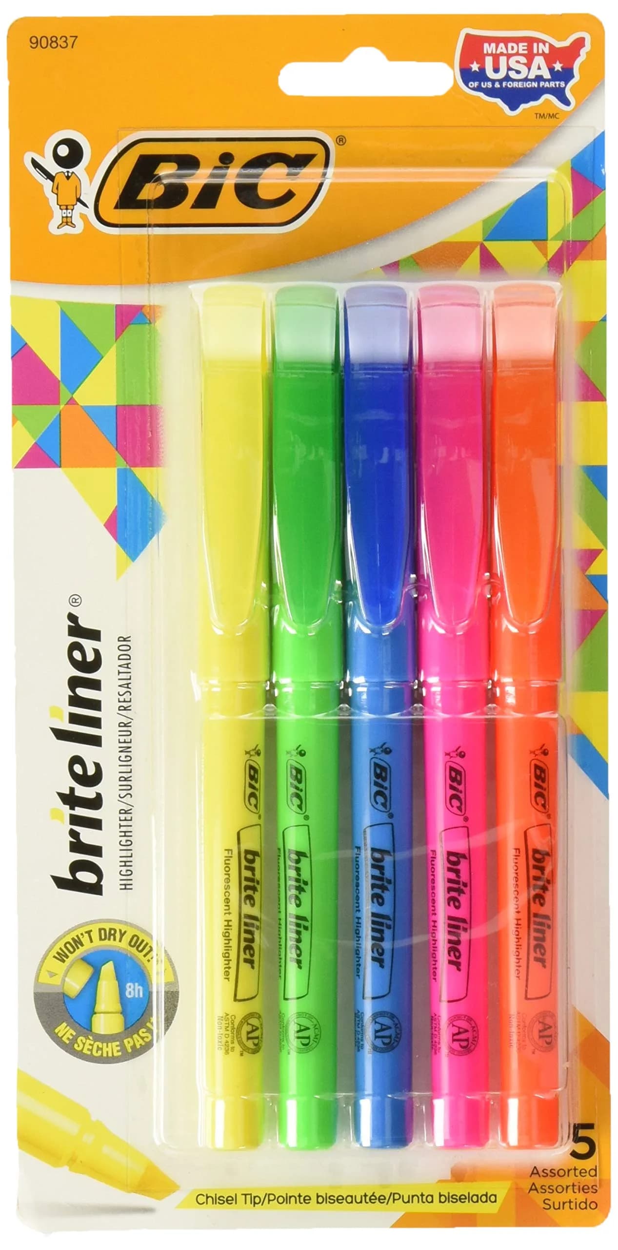 BIC Brite Liner Highlighters, Chisel Tip, Assorted Colors, 10-Count (2 Packs of 5) | Bright, Durable Marking Pen for Students & Professionals