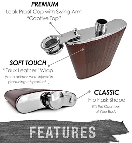 Future Hydrate Leather American Flag Hip Flask 8oz | Leak Proof Food Grade Stainless Steel thumbnail 6