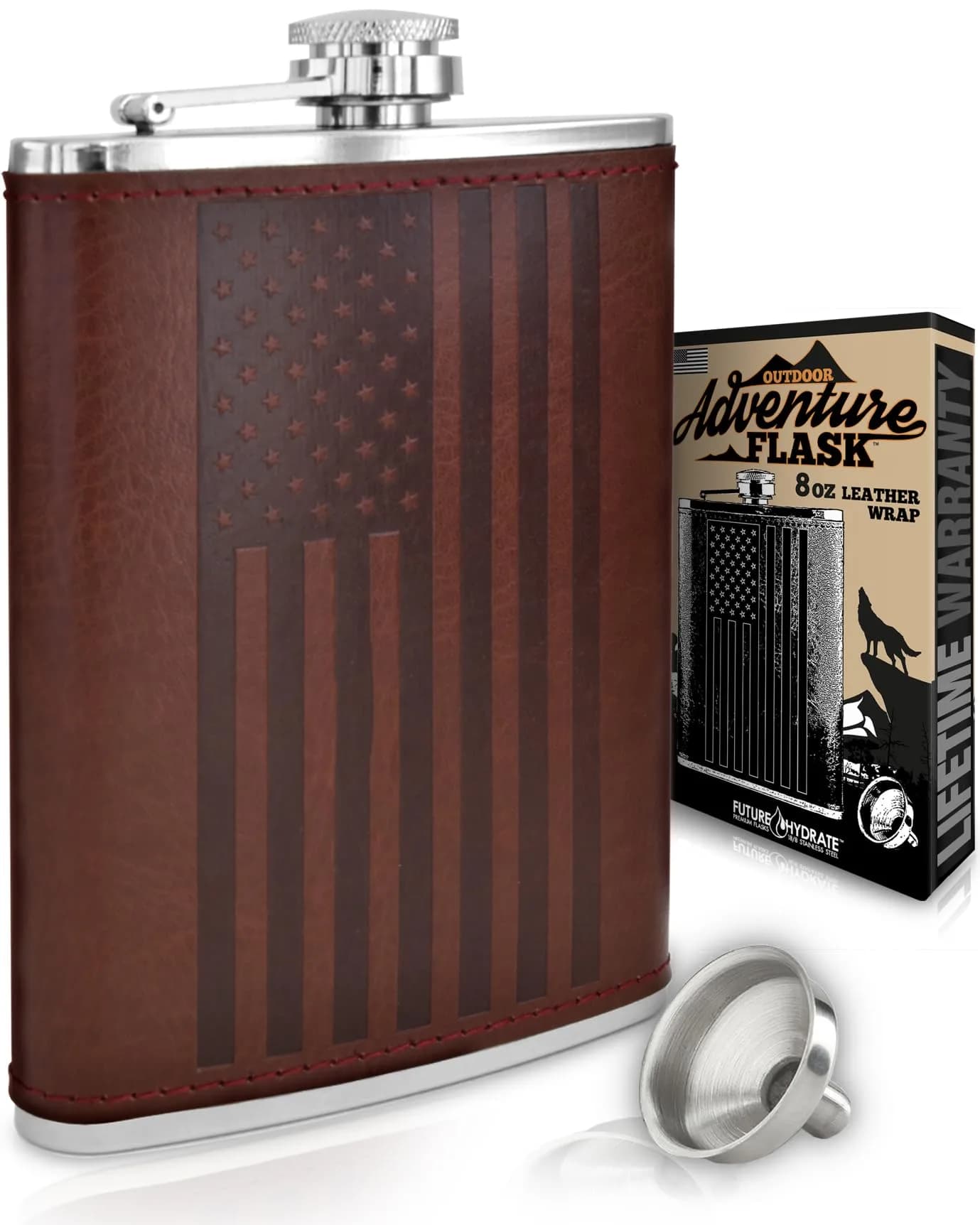 Future Hydrate Leather American Flag Hip Flask 8oz | Leak Proof Food Grade Stainless Steel
