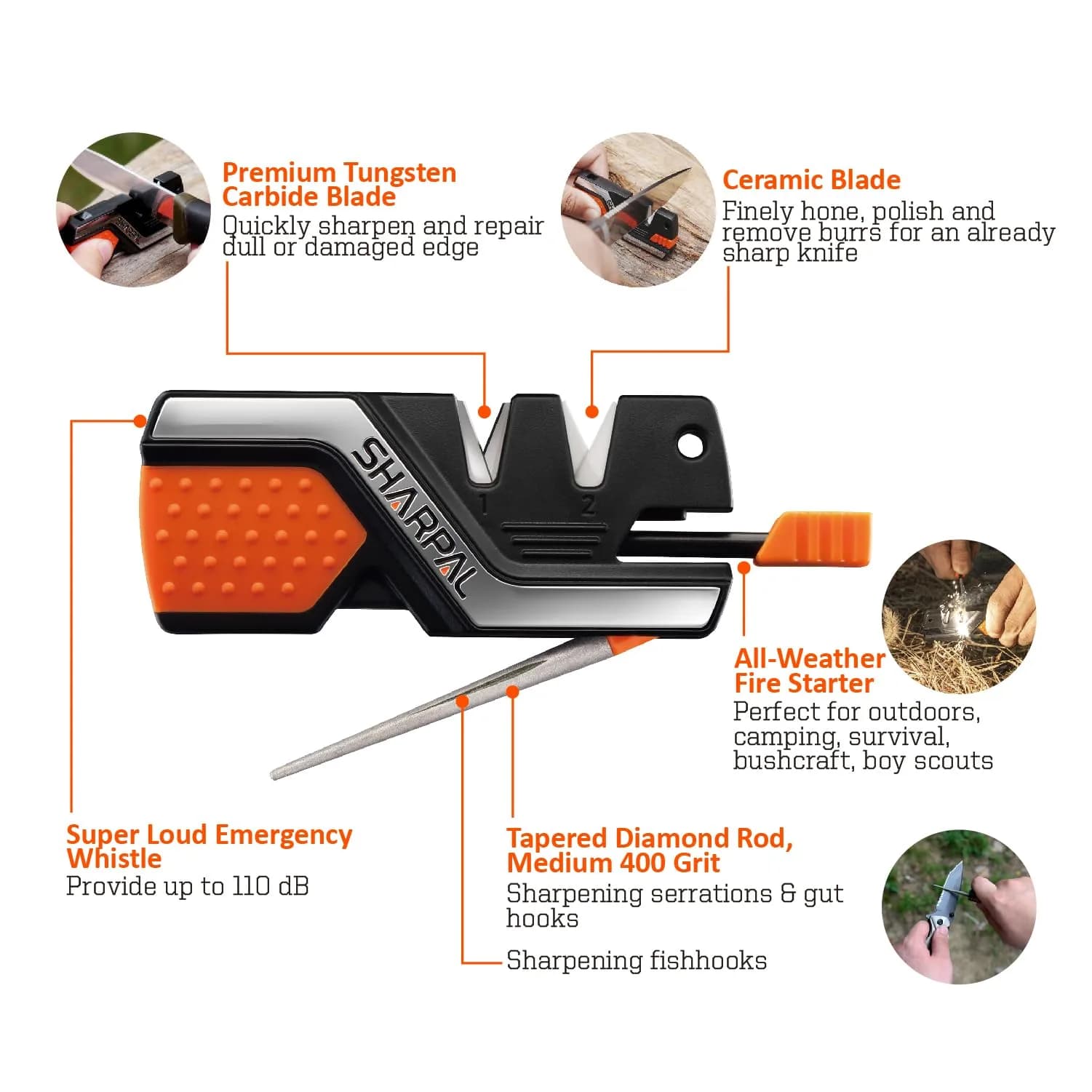 SHARPAL 101N 6-in-1 Pocket Knife Sharpener & Survival Tool | Tungsten Carbide, Ceramic, Diamond Rods, Fire Starter, Whistle - view 2