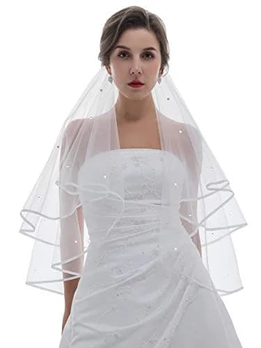 SAMKY Bridal Veil Fingertip Length 36" | Crystal Ribbon Edge, Rhinestones, Metal Comb thumbnail 1