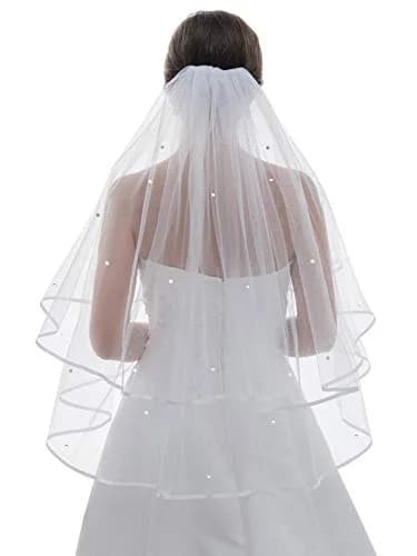 SAMKY Bridal Veil Fingertip Length 36" | Crystal Ribbon Edge, Rhinestones, Metal Comb thumbnail 2