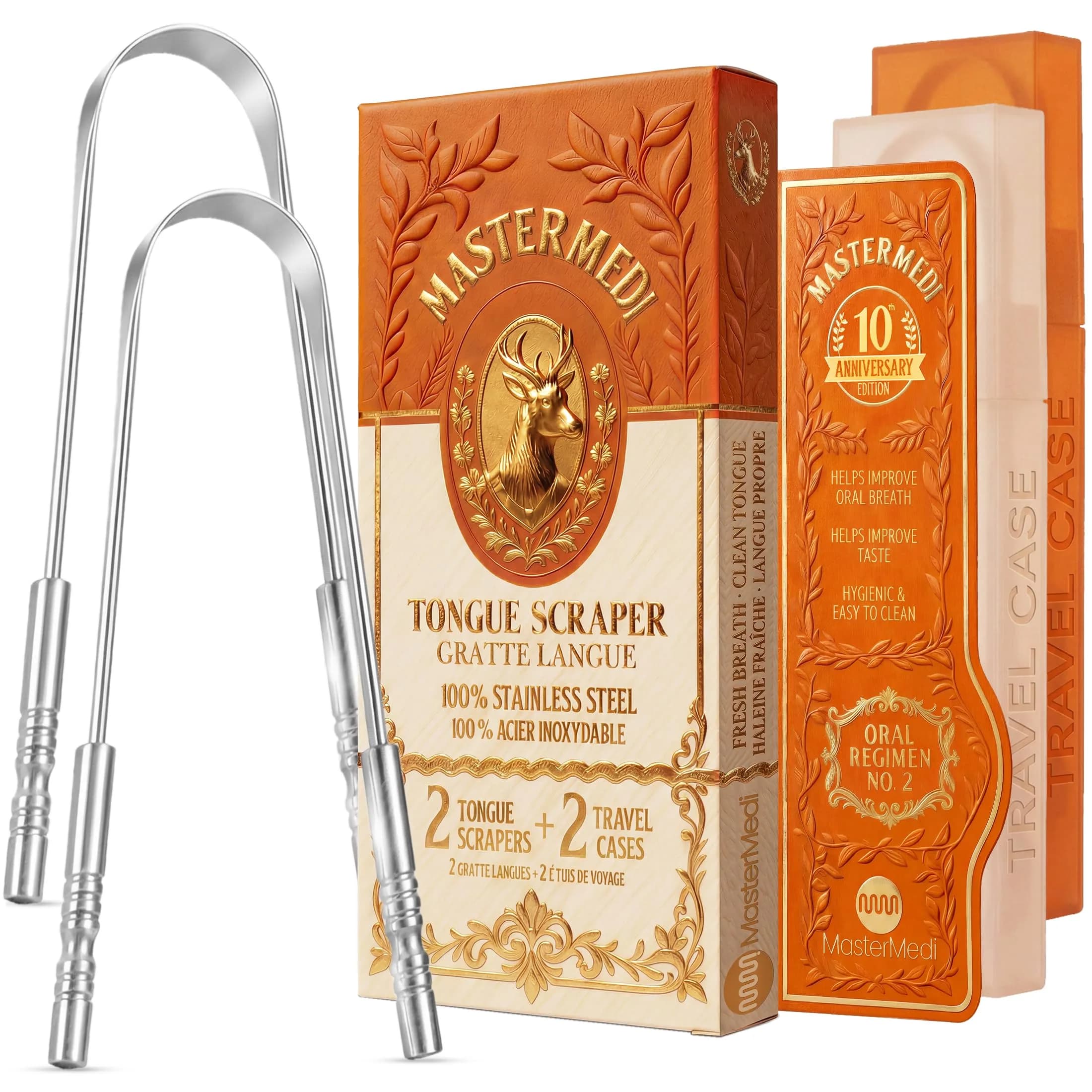 mastermedi Stainless Steel Tongue Scraper 2 Count (Pack of 1) | Reduces Bad Breath, Enhances Taste - main product image